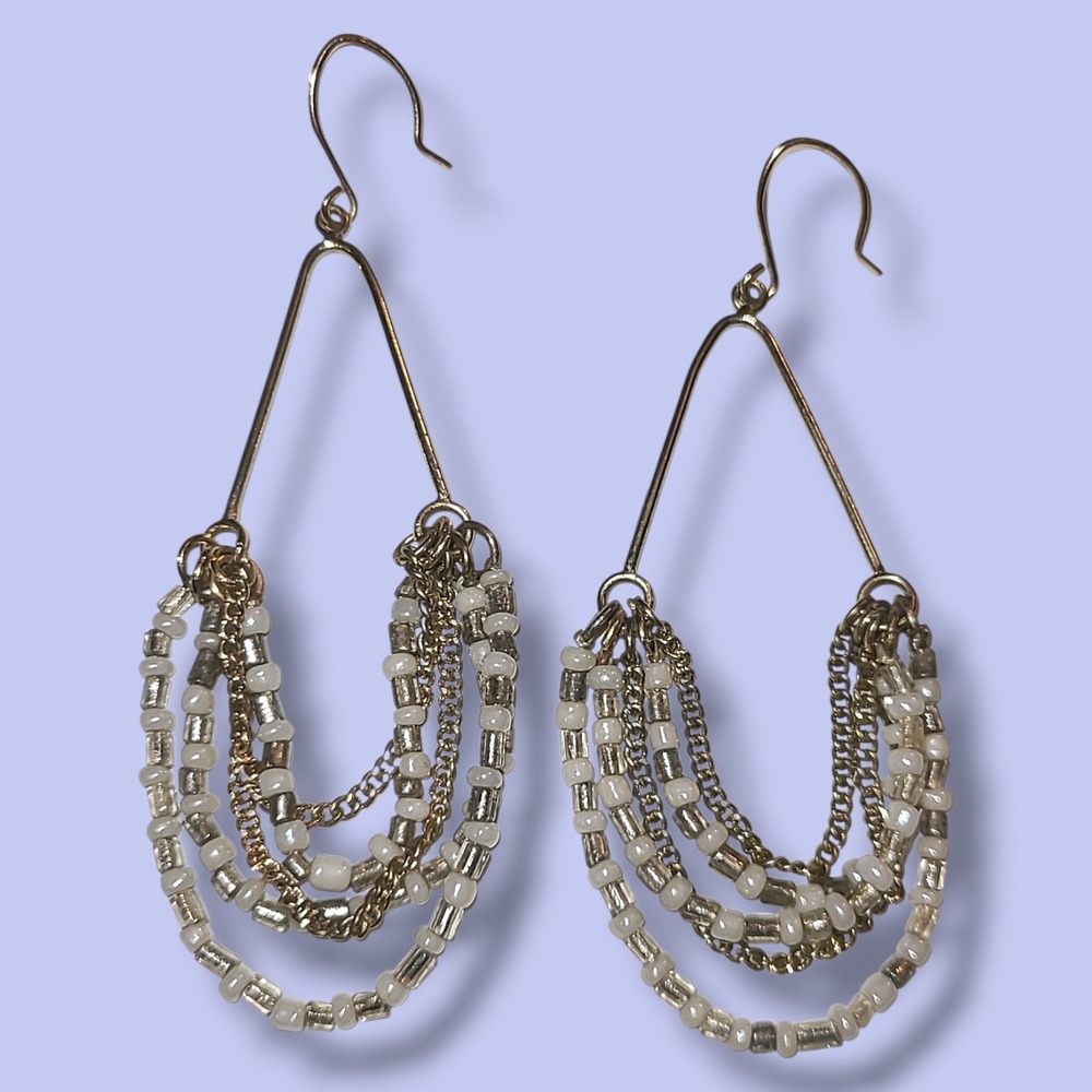 White & Gold Tone‎ Beaded Chandelier Dangle Earrings
